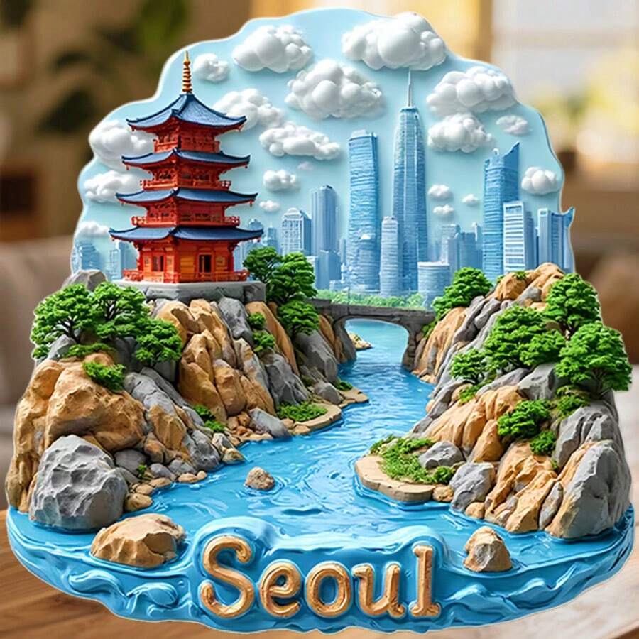 首爾河谷古塔與現代天際線雲切框磁鐵,舊與新在寧靜河灣交會,適用於家中所有金屬表面的紀念品 - A - 查看 1