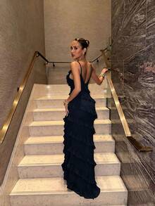 Women's Solid Color Pleated Ruffle Fashion Party Evening Dress Wedding Fall - Navy Blue - View 8