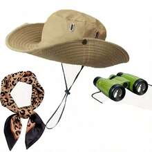 3pcs Jungle Hunter Costume Set - Includes Sun Hat, Leopard Print Scarf, Binoculars; Outdoor Adventure Costume Accessories - Suitable For Halloween Role Play, Holiday Dress Up, Theme Party Outfits, Animal Print Accessories, Vintage Fashion Items, Fashion Accessories, Details, Complete Adventure Set, Role Play Enthusiast Outfits, Holiday Event Outfits - Multicolor - View 9