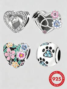 1pc S925 Sterling Silver Heart Large Hole Bead, Horse, Stethoscope, Flower, Paw Print, Colorful Zirconia Resin DIY Bracelet Silver Jewelry Accessory - Silver - View 1