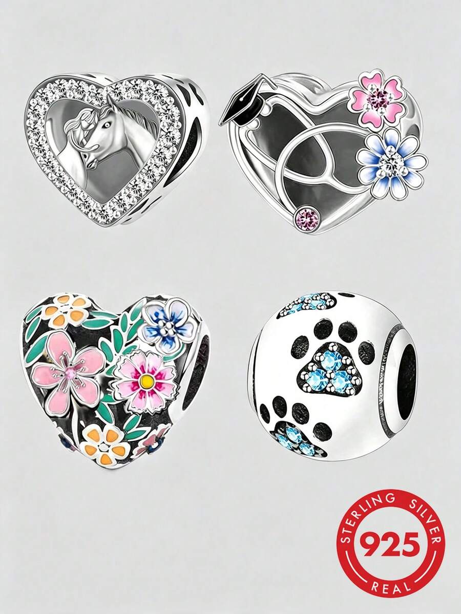 1pc S925 Sterling Silver Heart Large Hole Bead, Horse, Stethoscope, Flower, Paw Print, Colorful Zirconia Resin DIY Bracelet Silver Jewelry Accessory - Silver - View 1