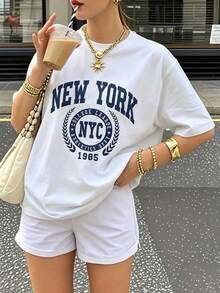 女款寬鬆版型 NEW YORK NYC 印花 T-shirt，經典校園風印花，Y2K 休閒街頭風，夏季日常上衣 白色 - 白色 - 查看 2