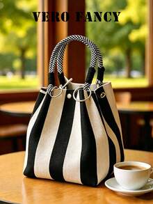 Fresh And Gentle Artistic Style Classic Retro Striped Handbag, Casual And Fashionable Versatile Handbag, Suitable For Commuting And Shopping. - Black - View 1