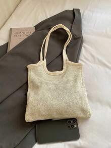 Shiny Sequin Embellished Transparent Mesh Wrap Large Capacity Open-Top Lightweight Soft Versatile Ins French Chic Shoulder Bag For Work Shopping And Dating - Beige - View 4