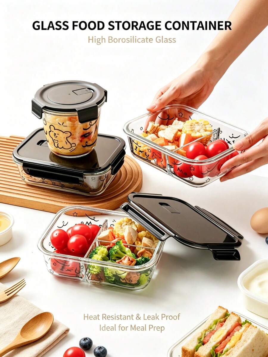 1件微波爐玻璃食物儲存容器附蓋,密封便當盒,大容量分格便當碗,適合學生與上班族,耐熱防漏 - 彩色 - 查看 1