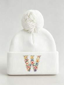 1pc Baby Beanies Boy Girls White Pom-Pom Cap With A-Z Letter Colorful Floral Hat For Boys And Girls Ages 0-8Y, For Hat Accessories Winter Warm Hat - Multicolor - View 31