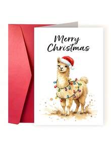 1pc Cute Christmas Card, Printed With Alpaca Wearing Santa Hat And String Of Lights Pattern, Suitable For Holiday Greetings And Festive Blessings To Family, Friends, And Colleagues - Multicolor - View 1