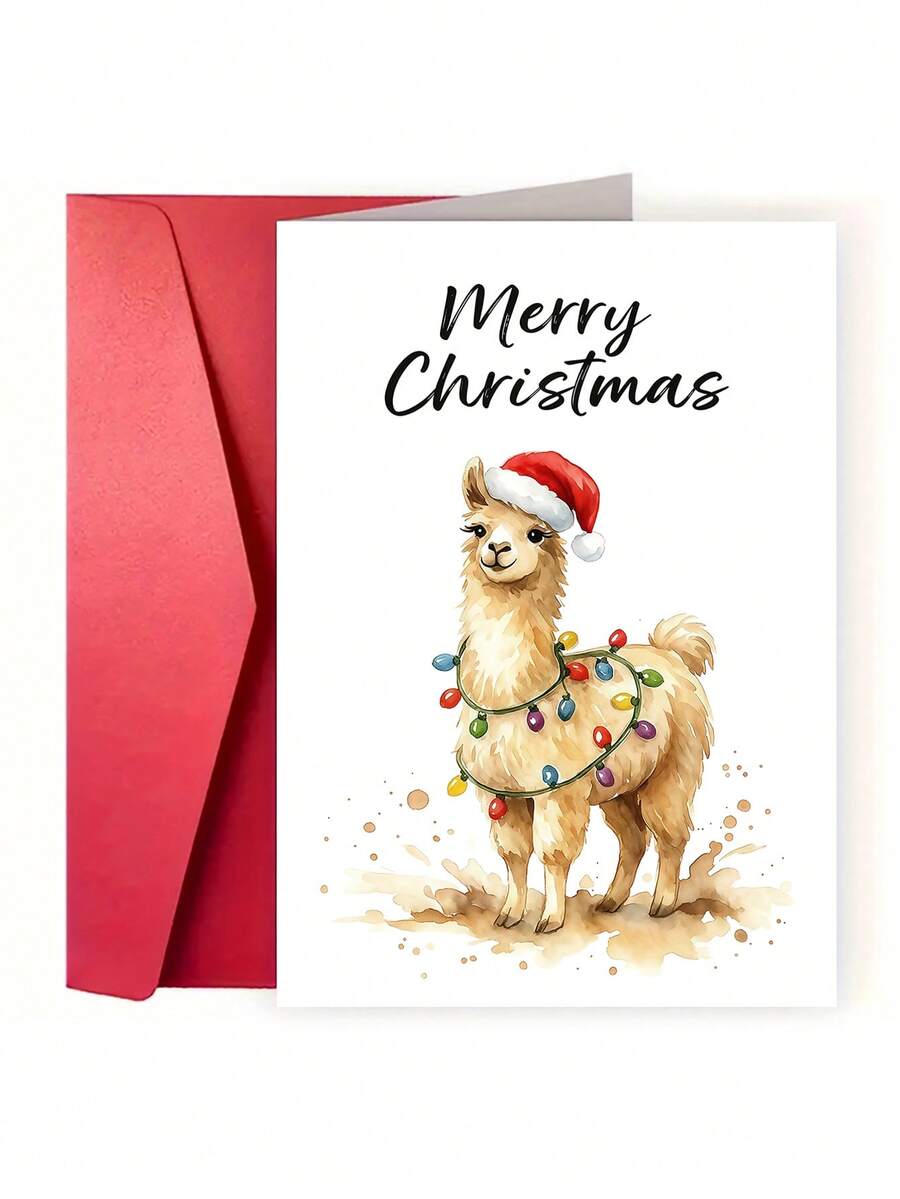 1pc Cute Christmas Card, Printed With Alpaca Wearing Santa Hat And String Of Lights Pattern, Suitable For Holiday Greetings And Festive Blessings To Family, Friends, And Colleagues - Multicolor - View 1