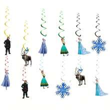 Themed Birthday Party Decoration Set, Ice Cave Happy Birthday Backdrop, Double-Layer Character Banner, Hanging Spiral Decorations, Anna Snowman Winter Princess Wall & Ceiling Decor - Multicolor - View 6