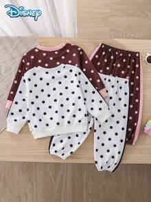 Disney 4Pcs Baby Girl Autumn Minnie Mouse Color Block Polka Dot Print Ribbed Long Sleeve Sweatshirt Set, Fashion White & Coffee Elastic Waist Long Pants Sweatpants, Cute Casual Spring Outfit - Multicolor - View 2