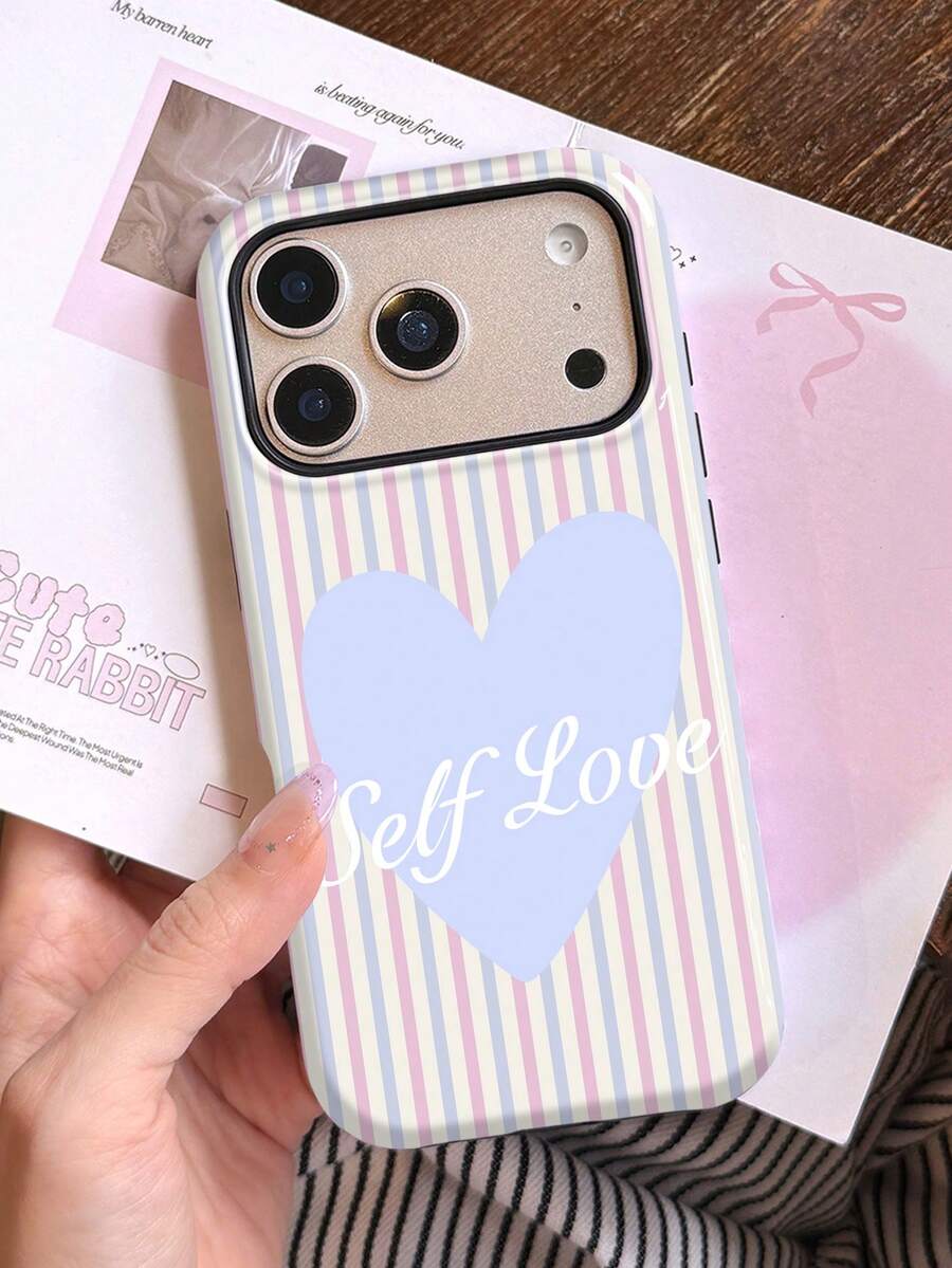 1pc Sweet Girl Gentle Style Macaron Striped Heart Letter Slogan Pattern Design, Phone 17 Pro Max Phone Case, Suitable For Phone 16 Pro Max, 15 Pro Max, 14 Pro Max, High-End Fashionable And Interesting Phone Case, Compatible With 11/12/13/14/15/16 Pro Max Plus, Elegant Design Suitable For Men And Women, Perfect Gift For Friends, Besties On Holidays, Birthdays, Daily Life, Anniversaries! - Multicolor - View 1