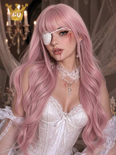24 Inch Loose Wavy Synthetic Wig With Bangs, Woman Halloween Cosplay Costume, Ombre Ash Blonde Dusty Rose Pink Fluffy Curly Wig For Theme Party, Fancy Dress, Carnival, Photoshoot & Daily Wear