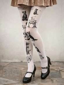 1 Pair Plus Size Cat Print High Elasticity Tights, Sexy Fashion Cute Y2K Style, Suitable For Daily Wear, Dating, Spring/Autumn Parties - Multicolor - View 6