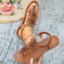 Women's Flat Sandals, Bohemian Floral Decor, Comfortable Flat Sole, Suitable For Summer Beach Vacation - Brown - View 5