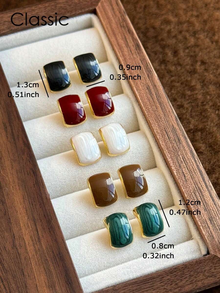Set de 6 pares de pendientes de botón cuadrados geométricos de moda minimalista y coloridos, adecuados para el uso diario de las mujeres