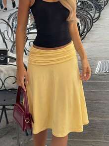 Vellofy Women's Autumn Light Yellow Ruched Mid-Waist Mermaid Long Skirt, Soft Flowy Long Skirt, Suitable For Cocktail Party Wear - Yellow - View 11