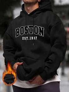 American BOSTON Letter Print Thermal Lined Hoodie, Men's Vintage Collegiate Style Pullover Sweatshirt - Black - View 1