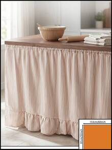 1pc Olive Green & White Fine Striped Table Skirt, Natural Fresh Style Fabric Material, Rectangular Bottom With Ruffle Edge And Pleated Details, Storage Concealment And Decorative Beautification Function, Suitable For Shelf Cover And Pastoral Home Decor - Apricot - View 13