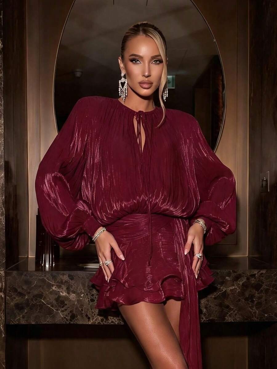 Wine Red Tie-Front Multi-Layer Ruffle Hem Lantern Sleeve Shirt Dress, Wedding Season, Party Season, Sexy Elegant Outfit Fall - Burgundy - View 1