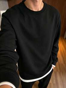 Men's Faux Two-Piece Long Sleeve T-Shirt, Layered Casual Top - Black - View 1