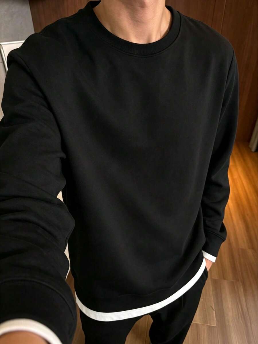 Men's Faux Two-Piece Long Sleeve T-Shirt, Layered Casual Top - Black - View 1