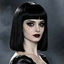 Black Straight Bob Wig With Bangs, Heat‑Resistant Synthetic Hair Wig, Gothic Halloween Cosplay Party Short Short Shoulder Length Wigs For Men Women - Black - View 13