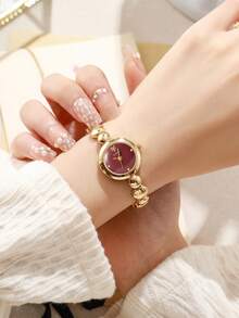 LIANDU Elegant Round Quartz Women's Wristwatch, Gold-Tone Burgundy Dial With Beaded Metal Strap, Luxurious Exquisite Women's Jewelry Watch, Suitable For Wearing On Various Occasions Such As Holidays, Thanksgiving, Christmas, Back To School, Parties, Weddings, Halloween, Easter, And More, Perfect Gift For Women - Gold - View 3