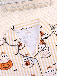 Cute Cartoon Ghost & Pumpkin Print Striped Home Shorts Young Girl Halloween Outfit, Summer Girls Open Front Pajama 2 Pieces Set - Orange - View 3