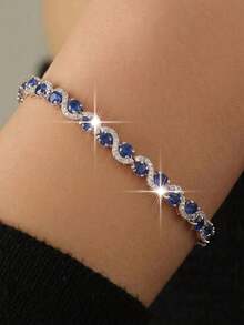 1pc Minimalist Round Cubic Zirconia Wrapped Royal Blue Design Women's Bracelet, Silver-Plated Multicolor Jewelry, Party Wedding Accessory, Anniversary Birthday Gift For Girlfriend - Bracelet - View 2