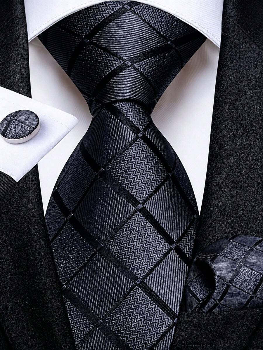 Men Tie Sets Classic Fashion Necktie Set With Cufflink For Business Party - Black - View 1