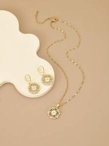 1pc Fashion Sparkling Rhinestone Flower Round Stainless Steel Women's Necklace, 1 Pair Fashion Sparkling Rhinestone Flower Round Stainless Steel Women's Earrings, Gold Necklace, Gold Earrings, Stainless Steel Jewelry, Gold Jewelry, Summer, Beach, Vacation Jewelry, Charm, Pride, Western Jewelry, Gift For Women, Gift, Birthday Gift - Yellow Gold - View 5