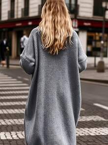 Plus Size Women Grey Plus Size Long Knit Cardigan High Neck Button Front Pocket Loose Sweater Coat Autumn Winter Lazy Style Fall - Grey - View 6