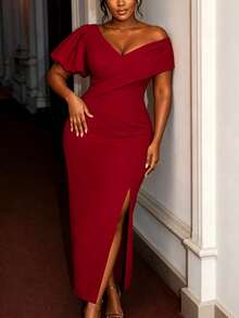 AOMEI Elegant Charming Women's Red V-Neck Puff Sleeve Slim Fit Bodycon Dress For Birthday Party,Wedding Guest, Formal Dinner Fall - Red - View 5