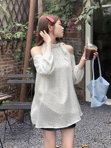 Women's Bowknot Polka Dot Halter Neck Blouse, Early Spring French Gentle Style, Design-Driven Niche Long Sleeve Top White - White - View 4