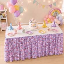 Pink Purple Cherry Daisy Floral Table Skirt, Red Cherry Floral Print Elastic Table Skirt With Pleats, Polyester Decorative Table Edge Skirt, Suitable For Decorating Dessert Cake Tables In Birthday Party Buffet - Multicolor - View 5