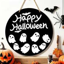 1 Peça Placa de Porta Redonda Preta "Feliz Halloween" de Madeira com Fantasma Pendurado - Decorada com Padrões Fofos de Fantasma e Morcego; Adequada para Decorar Porta da Frente ou Parede para Criar Atmosfera Festiva, Decoração Divertida para Festa em Casa e Varanda - multicolorido - Visão 1