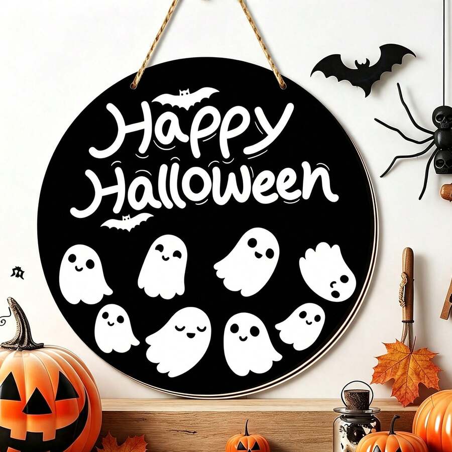 1 Peça Placa de Porta Redonda Preta "Feliz Halloween" de Madeira com Fantasma Pendurado - Decorada com Padrões Fofos de Fantasma e Morcego; Adequada para Decorar Porta da Frente ou Parede para Criar Atmosfera Festiva, Decoração Divertida para Festa em Casa e Varanda - multicolorido - Visão 1