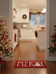 1pc Christmas Kitchen Rug Set, Red Christmas Tree Pattern Rug, Anti-Slip Washable, Kitchen Anti-Fatigue Cushion Rug, Stain-Resistant Anti-Slip Soft Comfortable Easy To Clean, Suitable For Bedroom Living Room Dining Room Kitchen Bathroom Entrance Rug Mat - A - View 1
