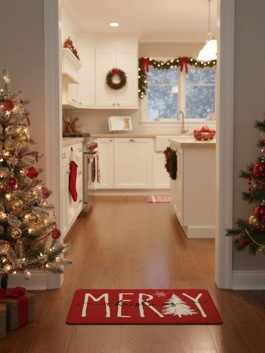 1pc Christmas Kitchen Rug Set, Red Christmas Tree Pattern Rug, Anti-Slip Washable, Kitchen Anti-Fatigue Cushion Rug, Stain-Resistant Anti-Slip Soft Comfortable Easy To Clean, Suitable For Bedroom Living Room Dining Room Kitchen Bathroom Entrance Rug Mat - A - View 1