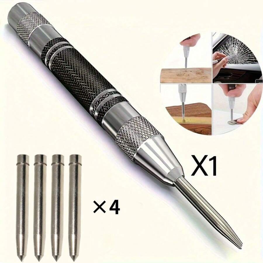 UNISURE 1+4pcs 6 Inch Spring Loaded Automatic Center Punch Set, Alloy Positioning Tool With Spare Punch Tips, Black & Silver Cylindrical Design With Positioning Tip, Punching & Window Breaking Emergency Tool, Suitable For Car Repair, Outdoor Rescue And Father's Day Gift - 1+4 Set - View 1