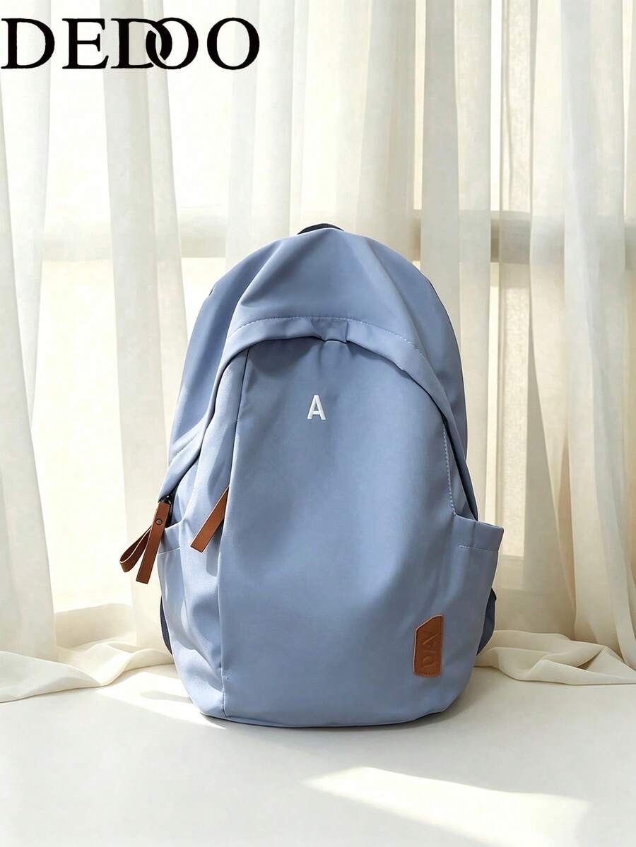Dedoo Solid Color Canvas Zipper Large Capacity Multi-Pocket Lightweight Student Backpack, Suitable For Campus, Travel, Back To School Season For Students And Teenagers, Random Letter - Blue - View 1