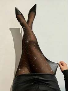 1pc Halloween Rhinestone Dot Design Black Tights, Ultra-Thin High Elasticity Sheer Pantyhose, Can Be Paired With Pointed Toe Stiletto High Heels, Suitable For Night Out, Theme Party And Halloween Outfit - Multicolor - View 4