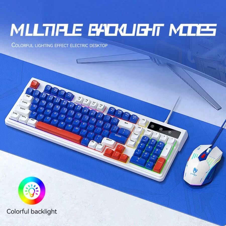 T-WOLF Gaming Wired Keyboard And Mouse Set, RGB Backlit 98-Key Color-Block Keyboard For Business Office And Gaming, 6-Button LED Illuminated Mouse - View 1
