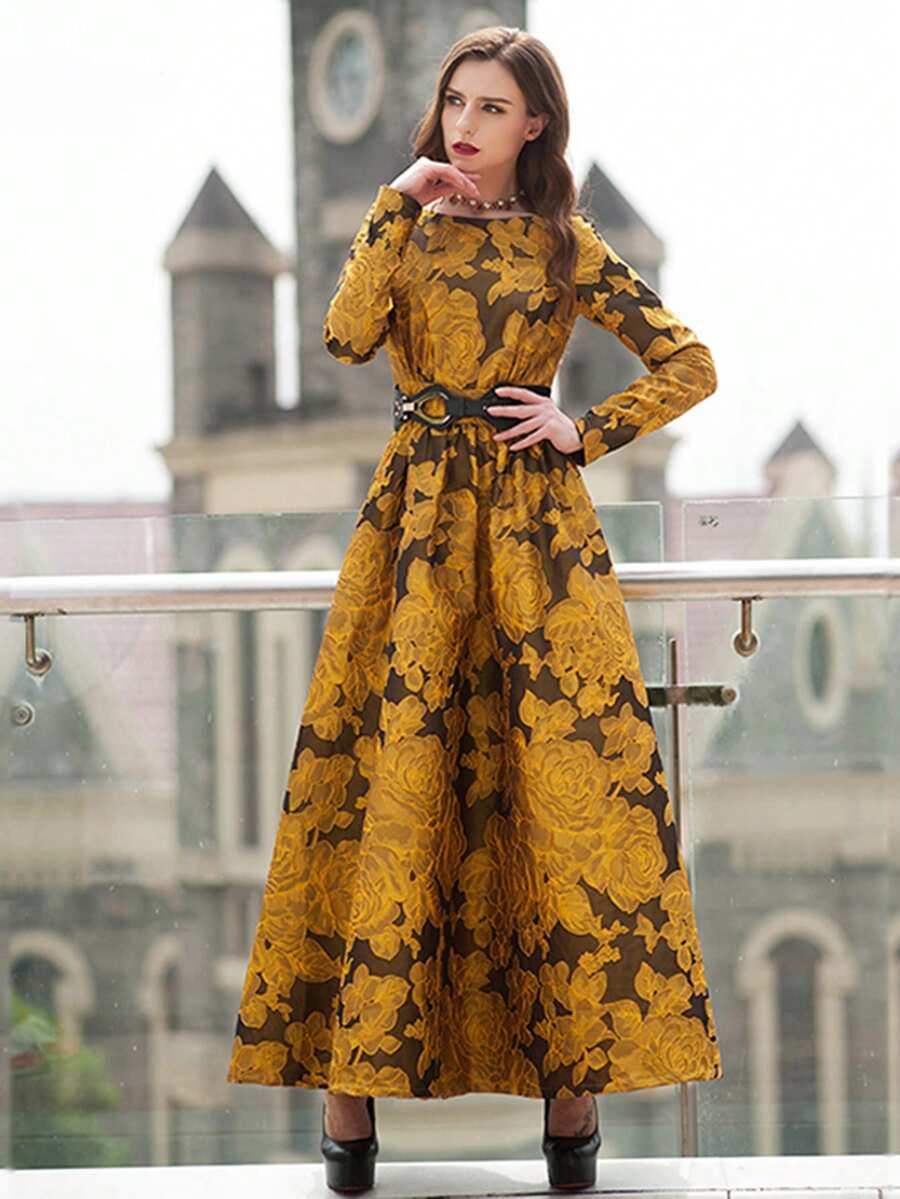 DEVCHATA 優雅復古重磅編織提花布料正式晚宴派對婚禮賓客禮品洋裝 秋冬款 - 黃色 - 查看 1