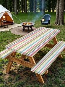 Juego de 3 piezas de mantel para picnic con funda para banco, diseño de borde elástico, patrón a rayas, mantel rectangular lavable, adecuado para bodas, camping, picnics, fiestas en el jardín y talla grande, esencial práctico - D - Ver 2