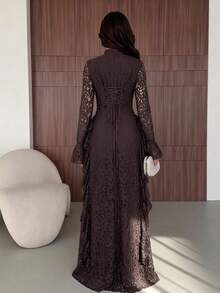 Women's Elegant Long Lace Dress With Bell Sleeves - Brown - View 3