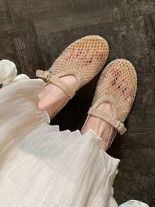 Women's Champagne Gold Mary Jane Ballet Flats, Rhinestone Plaid Mesh Upper, Round Toe, Adjustable Strap, Textured Trim - Gold - View 9