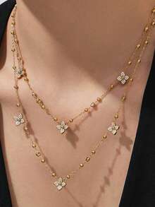 rundraw 2pcs Women's Gold-Tone Copper Pendant Necklace, Exquisite CZ Four-Leaf Clover Design, Suitable For Party, Dance, Daily Wear And Gift - Gold - View 6