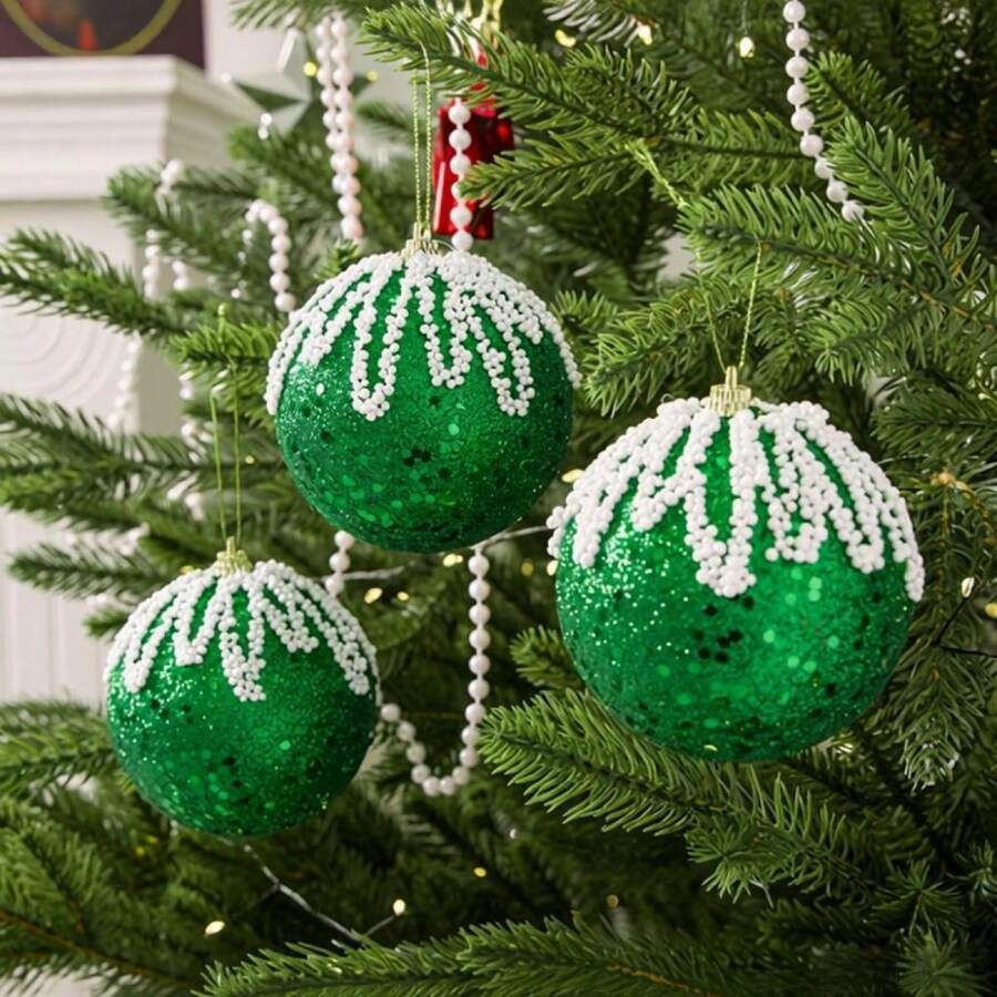3 Pcs Christmas Ball Ornaments Set For Tree Sequin Decor Hanging Decor - Green - View 1