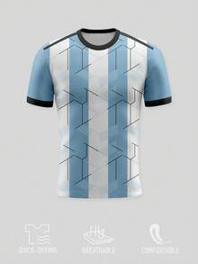 1pc Men's Short Sleeve Football Jersey, Argentina Style, Geometric Lines, Crew Neck, Comfortable & Soft, Customizable Name, Number, Logo, Team/Sponsor, Gift, Sports/Casual - Blue and White - View 2